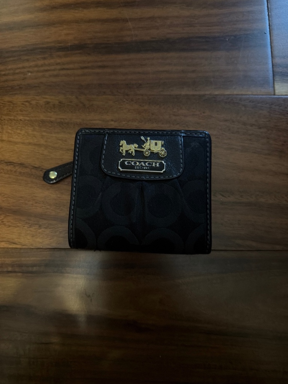 Coach Black Signature Compact Zip Wallet with Gold Hardware